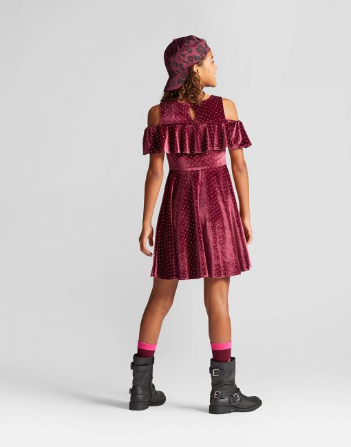 Girls' Cold Shoulder Velvet Dress - Burgundy