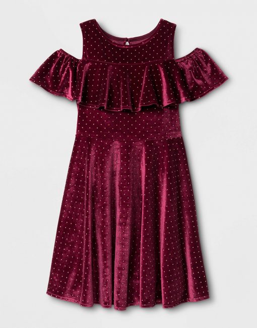 Girls' Cold Shoulder Velvet Dress - Burgundy