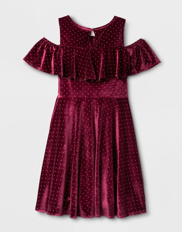 Girls' Cold Shoulder Velvet Dress - Burgundy