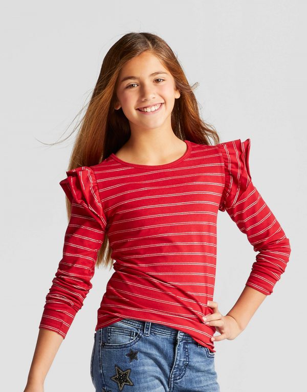 Girls' Shine Stripe Long Sleeve Ruffle Top