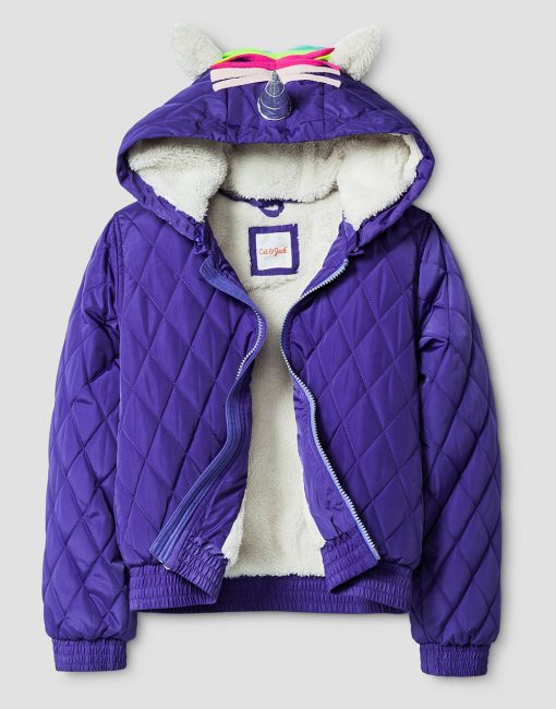 Girls' Unicorn Puffer Jacket - Purple