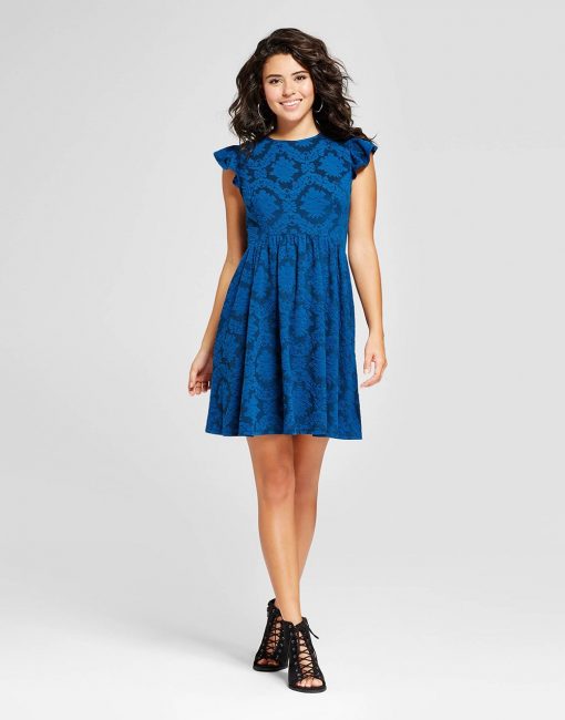 Women's Jacquard Ruffle Sleeve Fit & Flare Dress