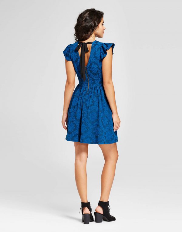 Women's Jacquard Ruffle Sleeve Fit & Flare Dress