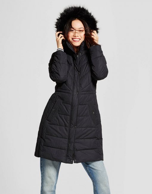 Women's Puffer Jacket with Faux Fur Hood Detail