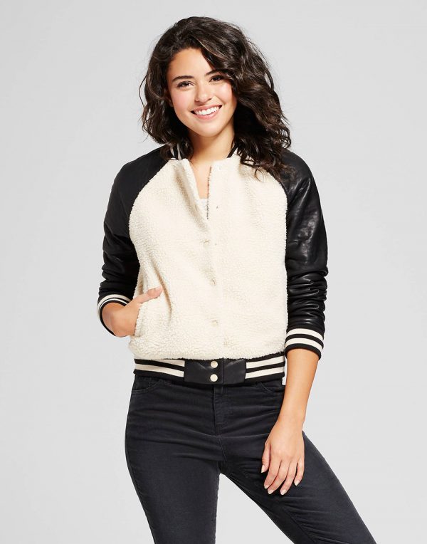 Women's Sherpa Bomber with Faux Leather Sleeves